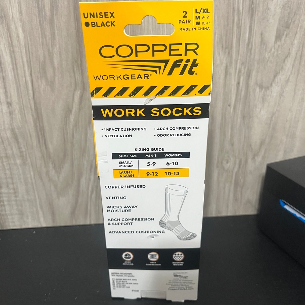 2 Pair Copper Fit Crew Length Work Socks Size L/XL (M 9-12 W 10-13) Black Socks - Picture 2 of 2